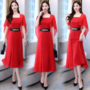今年流行红色裙子，2024年女装夏季长裙气质，时尚夏装雪纺连衣裙