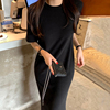 韩国chic夏季复古气质圆领，修身显瘦中长款短袖开叉针织连衣裙女