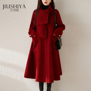 玖诗娅红色羊毛双面呢品牌新年围巾大衣长款时尚零羊绒毛呢外套女
