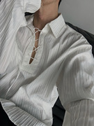 高级感白色褶皱质感，抽绳长袖衬衫，设计感宽松特殊纹理衬衣男女