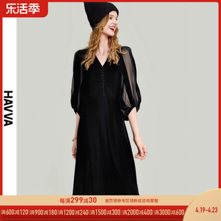 havva2024春季黑色丝绒连衣裙女中长款设计感法式裙子q9524