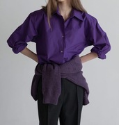 文艺复古浓郁紫色法式气质桔梗紫长袖，棉衬衫宽松慵懒女式衬衣