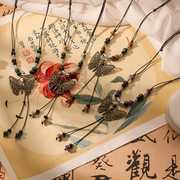 新中式手作复古蝴蝶陶瓷，项链女民族风国潮古风，锁骨链抽绳颈链