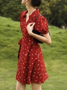 连衣裙女夏收腰显瘦2023法式气质赫本风雪纺红色中长衬衫裙子