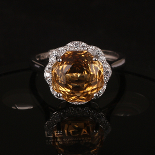 天然黄晶s925纯银镀白金戒指，女时尚气质，彩宝黄水晶指环开口