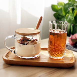玻璃杯ins花茶杯早餐杯，带盖勺牛奶杯，家用咖啡啤酒杯托盘套装简约