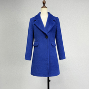 品牌折扣中长款宝蓝色羊毛，大衣女秋冬简约百搭西装，领单排扣外套