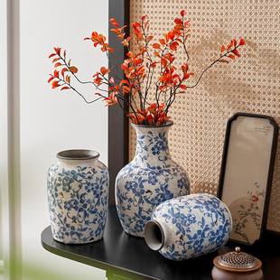新中式青花瓷花瓶大绿植插花水养复古陶瓷花器客厅玄关装饰品摆件