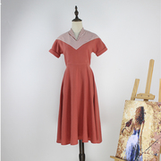 2023年灵感来源布鲁克林桔红色v领短袖夏季中长款条纹复古喇叭裙