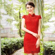 春夏季改良版红色短袖日常短款旗袍修身时尚复古高档蕾丝连衣裙
