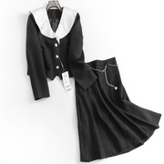 V682大翻领短款西装小香长袖黑白拼色V领短外套女半身裙两件套装