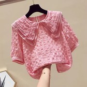 女童短袖t恤2024夏季韩版娃娃领雪纺，衫中大童夏装儿童上衣女