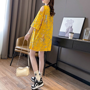 黄色短袖t恤女夏季2024宽松韩版小众设计宽松小个子大码上衣