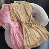 粉色设计感圆领短袖连衣裙系带，收腰a字中长裙，时尚休闲洋气f$12