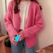 2023秋季韩版开衫毛衣女宽松外穿慵懒风蜜桃粉玫红色针织外套