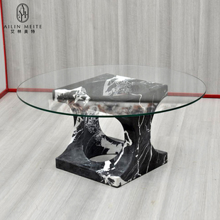 意式极简钢化玻璃茶几客厅家用轻奢小户型大理石圆形办公咖啡桌