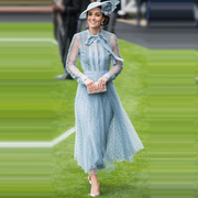 欧洲站时尚明星凯特王妃同款优雅长裙高级感女装修身网纱连衣裙女