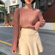韩国chic春季简约复古圆领缕空透视设计宽松百搭纯色长袖T恤上衣