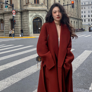 zhuyiyi新年红色双面羊绒，大衣女冬高端长款气质宽松毛呢外套结婚