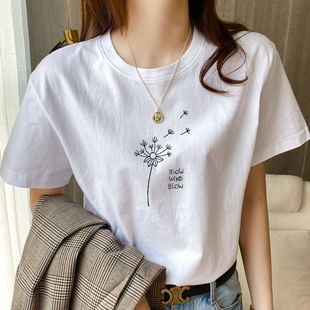 白色t恤女短袖2024夏季韩版宽松纯棉国潮体恤纯色印花打底上