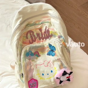 夏季的甜甜马卡龙色彩kitty帆布包文艺可爱少女双肩包纯色斜挎包