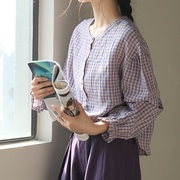 星星家日系可爱小清新淡紫色棉麻上衣宽松圆领格子学生森女系衬衫