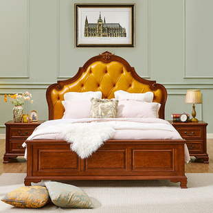 美式真皮床实木双人床主卧室床高端大气床1.8m1.5m欧式皮床床头柜