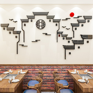 古典徽派建筑墙贴3d立体中式餐厅背景墙装饰贴画，饭店包间墙面布置