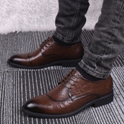 男尖头皮鞋韩版商务休闲男鞋系带时尚增高英伦手抓纹个性潮鞋子