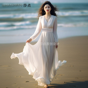 春装白色雪纺长袖收腰显瘦气质连衣裙过膝长款海边度假沙滩裙