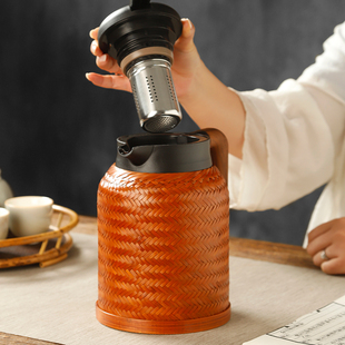 复古竹编保温壶闷茶壶老式暖壶热水壶带温度显示不锈钢内胆保温瓶