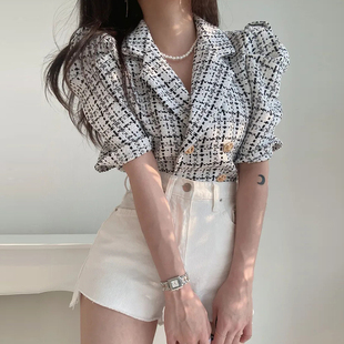 韩国chic夏季复古小香风西装，领撞色格纹双排扣泡泡袖短款外套女