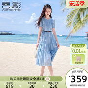 香影蓝色泡泡袖连衣裙女2024夏季法式超好看风琴褶正肩高腰裙