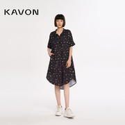 Kavon/卡汶复古翻领易搭A摆包容廓形蕙兰抽象印花短袖及膝连衣裙