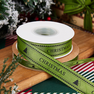 圣诞节丝带圣诞树雪人烫金绸带，蛋糕包装盒礼物墨绿色主题花艺彩带