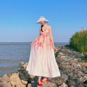 旅游海边度假沙滩复古长裙连衣裙吊带印花夏季红色白色高腰女