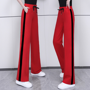纯棉运动裤女显瘦春秋，款2023高腰松紧直筒，红色休闲长裤子