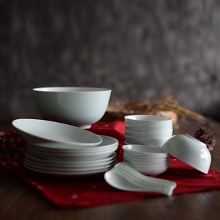 青白瓷釉下彩骨瓷餐具套装碗碟，套装家用碗盘，中式简约盘子陶瓷碗