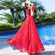 红色雪纺连衣裙女2023年夏季长款圆领修身显瘦气质大摆长裙