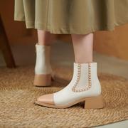 2021秋冬法式珍珠粗跟切尔西靴小码靴子女拼色马丁靴短靴单靴