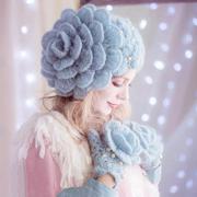 2021冬季新森女系花朵贝雷名媛淑女紫色珍珠贝雷毛线帽子保暖