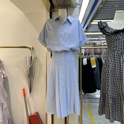 夏季文艺气质个性条纹短袖，韩国东大门polo领单排扣百褶设计连衣裙
