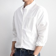 ins高级感白衬衫男设计感日系长袖衣服春秋，做旧宽松立领亚麻衬衣