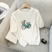 白色t恤女设计感夏圆领修身冰丝针织短袖休闲自行车绣花上衣