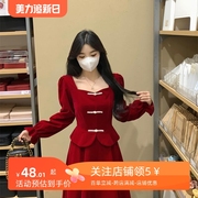 大码女装新中式红色丝绒，回门订婚敬酒服平时可穿显瘦气质连衣裙女