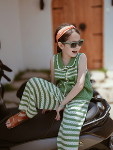 史豌豆(史豌豆)女童镂空针织，套装2024夏季儿童，无袖上衣长裤洋气两件套