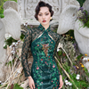 magicq独家原创设计改良旗袍墨绿色蕾丝印花气质，连衣裙长款
