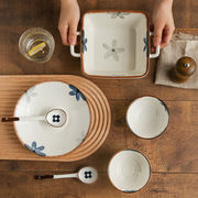 樱之歌陶瓷餐具套装，6件套碗盘勺子家用2人食吃饭组合墨蓝系列