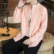 粉色衬衫男长袖男士唐装青年中国风男装立领衬衣夏季薄款汉服秋装