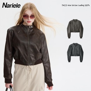 Nariele 美式时尚立领长袖短款PU皮短外套夹克棒球服拉链上衣女